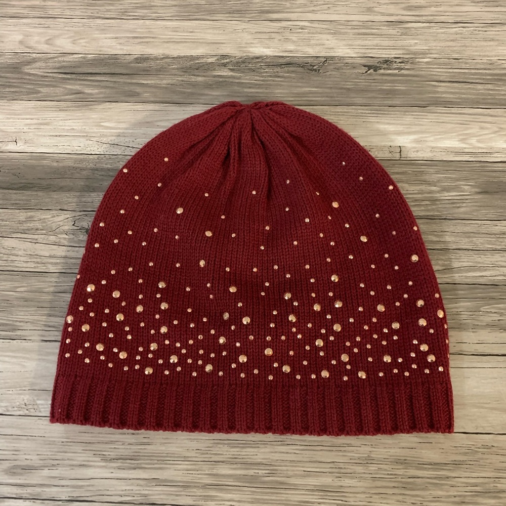 Maroon Knit Hat with Gold Sparkling Accents